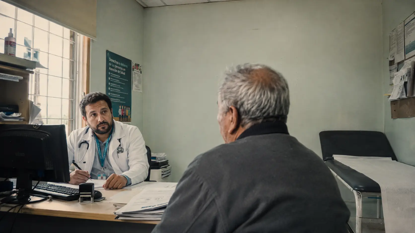 Box de atención en un centro de salud primaria: un médico escucha a un paciente mayor, sentado de espaldas frente al escritorio.